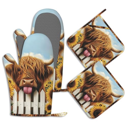 Oven Mitts and Pot Holders Sets Highland Cow Sunflower Silicone Kitchen Mits Potholders Summer Flower Heat Resistant 4Pcs Oven Gloves Hot Pads for Baking Cooking BBQ Grilling Home Decor - color: Highland Cow Sunflower,summer Flower