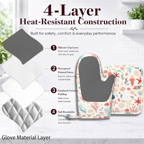Cartoon Starfish and Shells Oven Mitts and Pot Holders Sets Silicone Kitchen Mitts Potholders Heat Resistant Oven Gloves Hot Pads for Kitchen Baking Cooking BBQ - color: Cartoon Starfish and Shells