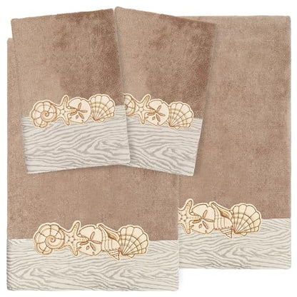 Seaside 4-Piece Luxury Towel Set, Sparkling Seashell Applique, Plush Turkish Cotton, Durable & Quick Dry, Nautical Bath Ensemble, 2 Bath 2 Hand Towels, Cocoa - color: Cocoa, size: 2 Pcs Bath 2 Pcs Hand Towel