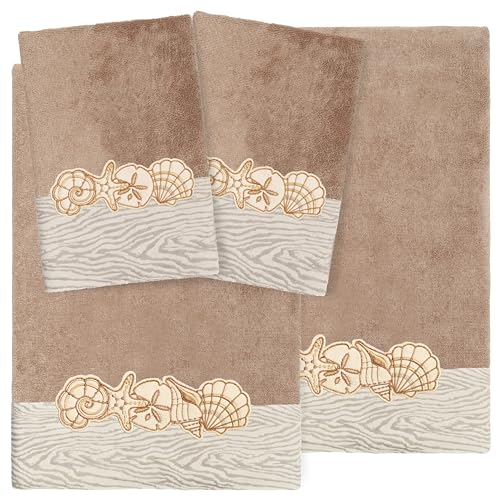 Seaside 4-Piece Luxury Towel Set, Sparkling Seashell Applique, Plush Turkish Cotton, Durable & Quick Dry, Nautical Bath Ensemble, 2 Bath 2 Hand Towels, Cocoa - color: Cocoa, size: 2 Pcs Bath 2 Pcs Hand Towel