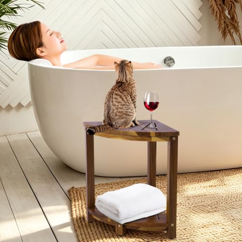 Corner Shelves Shower Caddy Stand, Shower Stool with Storage Shelf, Shower Foot Rest for Shaving Legs,Sturdy Bathroom Organizer for Kitchen, Living Room–Acacia Wood