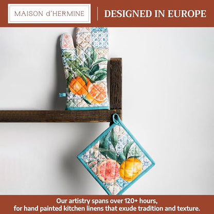 Maison d' Hermine 100% Cotton Oven Mitt & Pot Holder Set (7.5"x13" & 8"x8") | Heat Resistant BBQ Cooking Gloves with Loop Baking Grilling Kitchen Hotel Home Farmhouse Spring Summer - Agrume - color: 010 - Agrume, size: 7.5" x 13" & 8" x 8" (Oven Mitt & Po