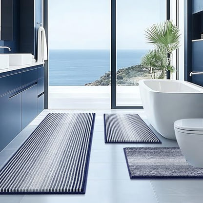Bathroom Rugs Sets 3 Piece, Toilet Rugs U-Shaped Contour Bath Mat Set, Long Striped Absorbent Non Slip Chenille Shower Mat, Navy Blue - color: Navy Blue, size: 20"x47"+16"x24"+ U Shape 20"x24"