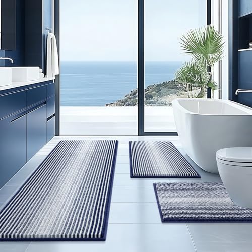 Bathroom Rugs Sets 3 Piece, Toilet Rugs U-Shaped Contour Bath Mat Set, Long Striped Absorbent Non Slip Chenille Shower Mat, Navy Blue - color: Navy Blue, size: 20"x47"+16"x24"+ U Shape 20"x24"