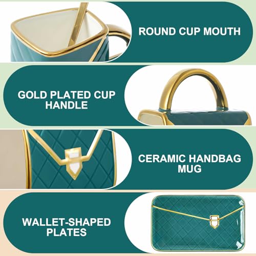 Zubebe 1 Set Coffee Mug Elegant Handbag Shaped Cup Modern Ceramic Purse Mug with Spoon and Saucer, 10oz Cute Creative Tea Cup for Woman Girls Gift (Dark Green) - color: Dark Green