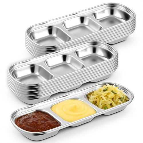 12 Packs Stainless Steel Divided Dip Bowls Soy Sauce Dishes, Divided Serving Tray Chip and Dip Serving Set, 3 Compartment Sauce Plate Seasoning Dipping Condiment Tray for BBQ Vinegar Spice Sugar