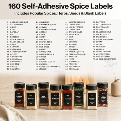 Glass Spice Jars with Labels & Black Rotating Lids – 12 Large Square Airtight Containers 6.7 oz / 200ml with Shaker Inserts, Funnel & 160 Waterproof Labels for Kitchen Pantry Organization
