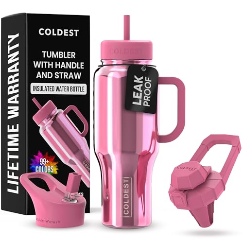 Coldest Tumbler with Handle and Straw - 100% Spill Proof Tumbler with Straw (3 Lids) - Stainless Steel Insulated Leakproof Tumblers for Women & Men - 36 oz (Pink Reflections) - color: Pink Reflections, size: 36 oz