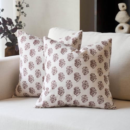 DOMVITUS Set of 2 Floral Pillow Covers 18x18, Block Print Pillow Covers Vintage Neutral Decorative Farmhouse Throw Pillow Covers for Couch Bed Living Room Brown - color: Brown, size: 18" x 18" (Pack of 2)
