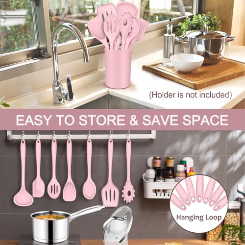 P&P CHEF Pink Kitchen Utensils, Silicone Cooking Utensil Set of 7 | Soft Spatula for Nonstick Cookware, Slotted Turner, Soup Ladle, Pasta Server, Spoon for Cooking, Dishwasher Safe & Heat Proof - color: Pink