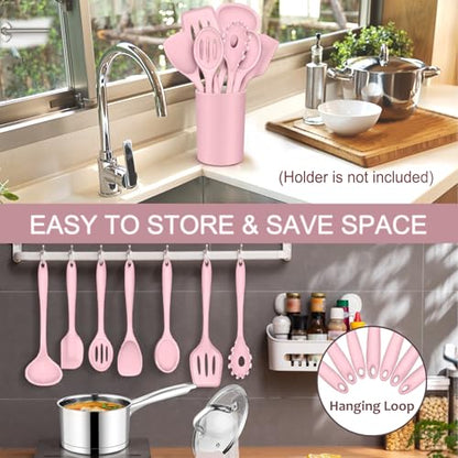 P&P CHEF Pink Kitchen Utensils, Silicone Cooking Utensil Set of 7 | Soft Spatula for Nonstick Cookware, Slotted Turner, Soup Ladle, Pasta Server, Spoon for Cooking, Dishwasher Safe & Heat Proof - color: Pink