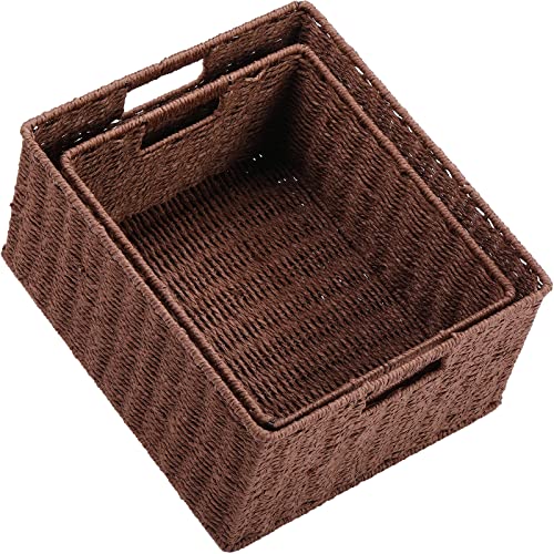 HOONEX Large Woven Storage Baskets, Paper Rope With Sturdy Metal Wire Frame, for Shelves, Set of 2, Dark Brown - color: Dark Brown, size: 15 x 12.8 x 7.5 inches