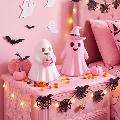 Fumete 2 Pcs Pink Ghost Halloween Decorations - Aesthetic Spooky Resin Light up Cute Ghost Couple with Witch Hat and Pumpkin, Halloween Indoor Figurines for Mantel, Shelf & Tabletop Home Party Decor - style: Pink Ghosts