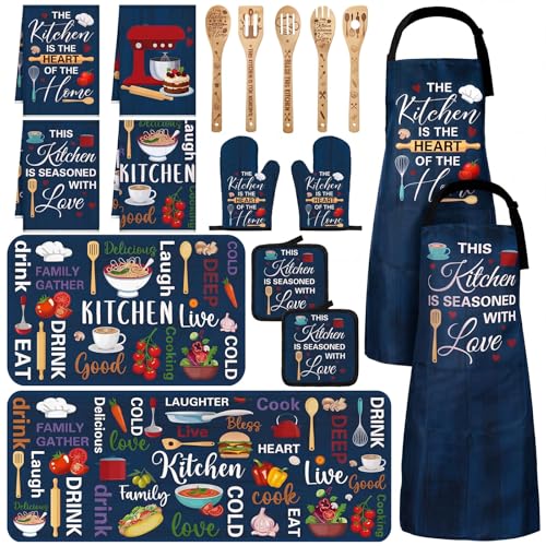 Bencailor 17 Pcs Blue Kitchen Decor and Accessories Blue Farmhouse Kitchen Set Rug and Mat Oven Mitts and Pot Holders Apron Dish Towels Cute Wooden Spoons for Holiday Decoration Home Housewarming Gift - color: Blue Fun Kitchen