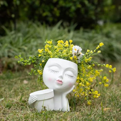 Lady Face Planter Pots Head - Double Cute Planters for Indoor Plants, Flower & Succulent with Drainage Holes, Novelty Head Plant Pot for Home Garden Succulents Cactus White - color: White-b