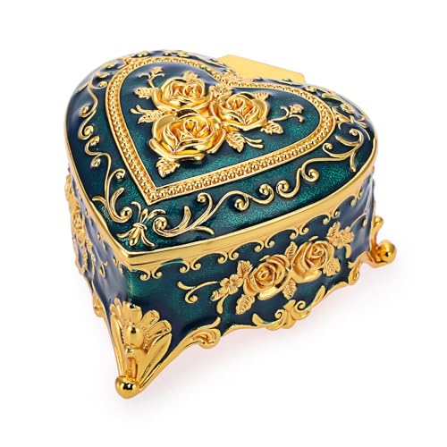 Hipiwe Vintage Metal Jewelry Box - Heart Shape Trinket Box Ring Case with Rose Pattern Jewelry Storage Box for Ring Earrings Necklace, Keepsake Box for Women, Blue - color: Blue