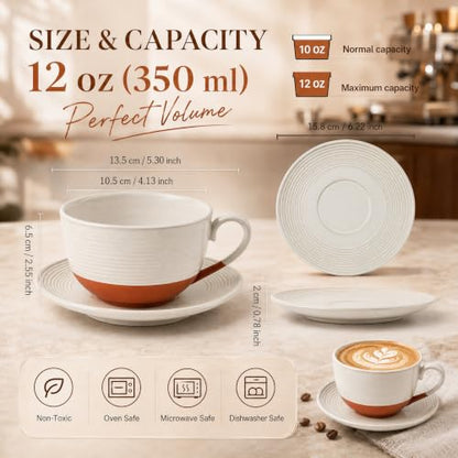 12 Oz Cappuccino Cups with Saucers, Coffee Cups Set of 4, Ceramic Tea Cup and Saucers, Wide Mouth Coffee Mugs for Latte Art, Cappuccino, Espresso & Cafe Drinks, Microwave Dishwasher Safe - color: C - 12oz