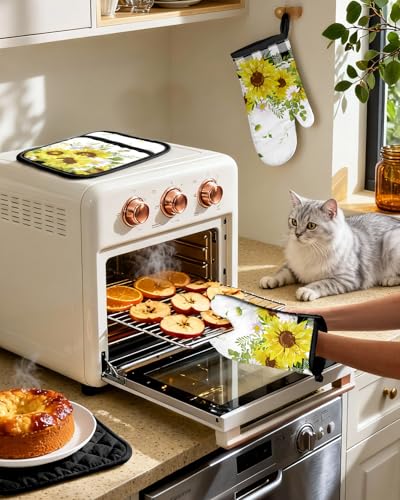 Miss Adola Cotton Oven Mitts and Pot Holders Sets, Sunny Bloom | Heat-resistant up to 350°F, Pure Cotton, Quilted Contact Surface, Stylish Design, with Hanging Loop, Ready to Gift Package - color: Sunny Bloom