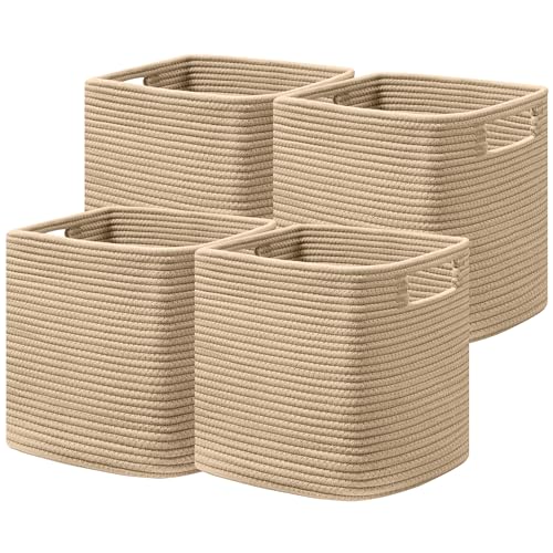 UBBCARE Set of 4 Storage Basket-13 X 13 X 13 In, Cotton Rope Basket for Shelves, Toys, Book, Cube Storage Bins with Handles, Woven Storage Basket for Organizing, Brown - color: Brown, size: 4Pack-13 X 13 X 13 Inch