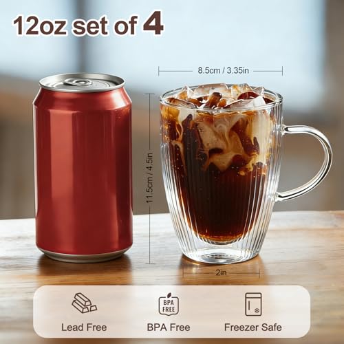 4 Pack Double Wall Glass Coffee Mugs, 12oz Glass Coffee Cup with Handle, Double Insulated Coffee Mugs Perfect for Espresso, Cappuccino, Latte, American, Tea Bag, Hot Beverages