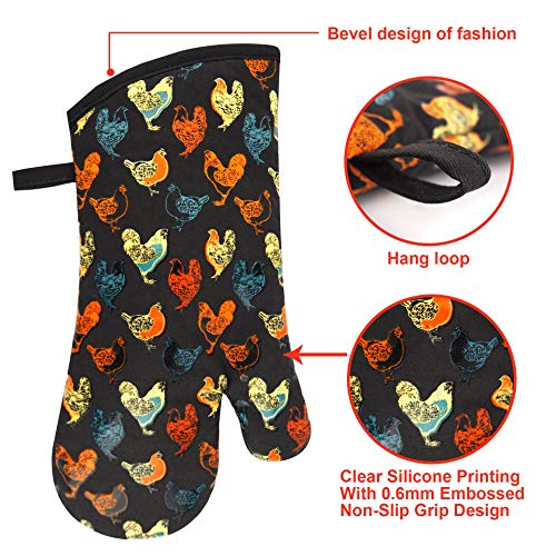 Oven Mitts 1 Pair, Non Slip Clear Silicone Printed Rooster Kitchen Gloves | Heat Resistant 480 ℉ Comfortable Cotton Lining Kitchen Men Cooking Barbecue Machine Washable (Rooster, Black Mittens) - color: Rooster, Black Mittens