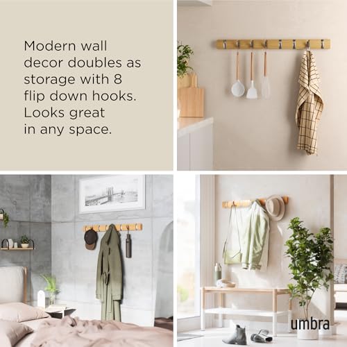 Umbra Flip Coat Rack, Wall Mount 8-Hook, Space Saving, Natural/Nickel | Real wood and steel build, retractable hooks fold flat, holds coats bags and scarves, easy install - color: Natural/Nickel, size: 8-Hook