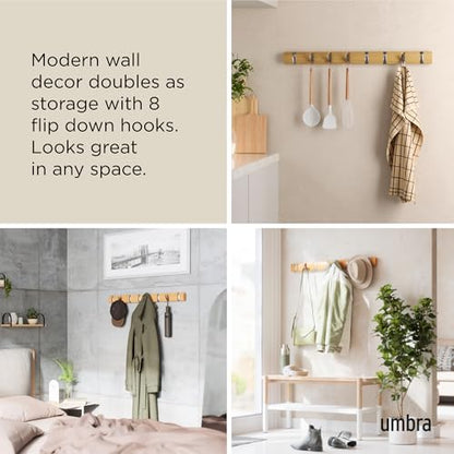Umbra Flip Coat Rack, Wall Mount 8-Hook, Space Saving, Natural/Nickel | Real wood and steel build, retractable hooks fold flat, holds coats bags and scarves, easy install - color: Natural/Nickel, size: 8-Hook