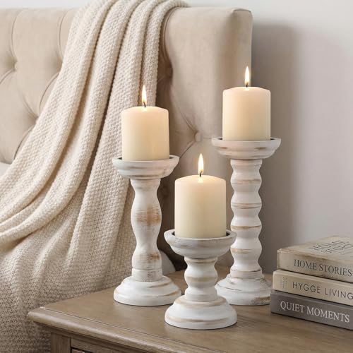 3 Pcs Wood Pillar Candle Holder Rustic White Candle Holder Set of 3 Tall Table Centerpiece Decor Wooden White Farmhouse Decorations for Fireplace Mantle