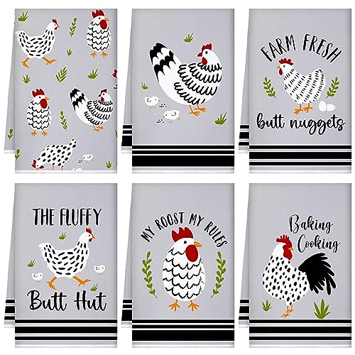 Boyiee 6Pcs Farmhouse Chicken Kitchen Towels for Rustic Decor | Absorbent Microfiber Tea Towels with Rooster Hen Designs, for Bathroom & Holiday Gifts - color: Chickens
