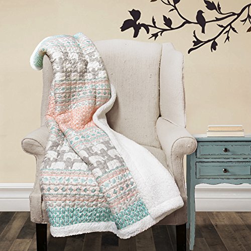 Lush Decor Elephant Stripe Fuzzy Reversible Sherpa Throw Blanket 60” x 50” Turquoise & Pink