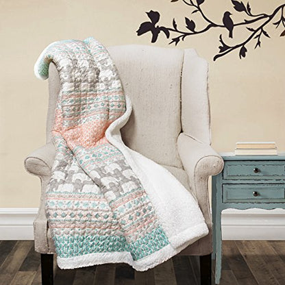 Lush Decor Elephant Stripe Fuzzy Reversible Sherpa Throw Blanket 60” x 50” Turquoise & Pink