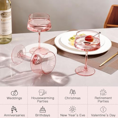 JOVGANK Pink Martini Glasses Set of 6 – 13oz Lead-Free Crystal Glass, Hand-Blown Classic Champagne & Cocktail Luxury Cups, Elegant Glassware for Party Home Bar Wedding Gift for Ice Cream Dessert - color: Classic-Pink