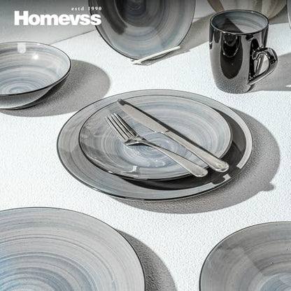 HomeVss, Sonoma Stoneware Dinnerware Set, Outside Black + Inside Hand Painting Color (16pc Set, Grey) - color: Gray