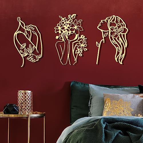 Photect 3 Pcs Metal Wall Art Decor Minimalist Abstract Woman Wall Art Metal Modern Line Drawing Decor Female Single Line Home Hanging for Bedroom Bathroom Living Room Housewarming(Romantic,Gold) - color: Gold (Romantic), style: Romantic