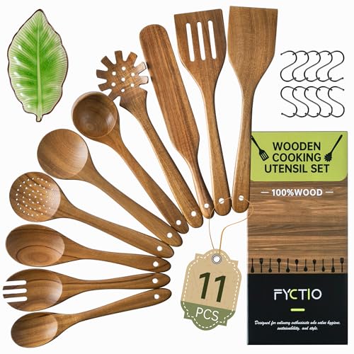 11 PCS Natural Acacia Wooden Utensil Set Wooden Spoons for Cooking | Non-Toxic, Nonstick Friendly, Sturdy & Easy to Clean, With Ceramic Spoon Rest & 10 Hooks, Ideal Housewarming Gift - size: 11 PCS SET