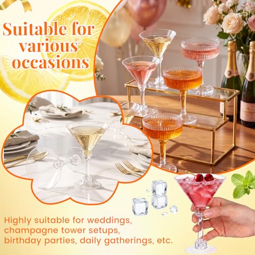 Lounsweer Set of 24 Plastic Champagne Coupe, Including 12 Pcs 10 oz Champagne Tower Glasses and 12 Pcs 5 oz Martini Glasses Plastic, Stackable Ribbed Coupe Cocktail Cups for Wedding Birthday Party