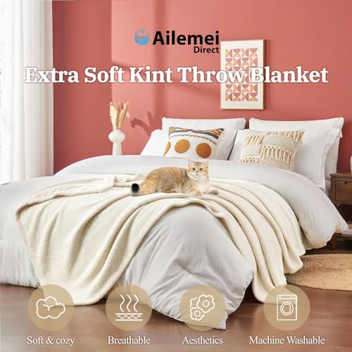Ailemei Direct Knit Throw Blanket for Bed, Soft Thin Blankets for Sofa, Couch, Camping, Office Chair, Cozy Touch Lightweight Breathable Blanket All Season Use, Cream 50"x70" - color: Cream