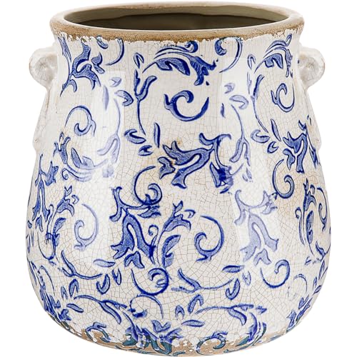 Ceramic Scroll Planter 6.5 Inch Chinoiserie Floral Vase with Drainage Holes Vintage Flower Vase Flower Pot Rustic Ceramic Pots for Indoor Plants Garden Home Bookshelf Decor(Blue Floral) - style: Blue Floral