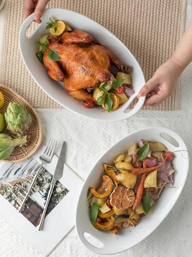 YHOSSEUN Large Serving Bowl with Handles, Oval Serving Platter Set of 2 | Thanksgiving Serving Dishes for Entertaining, Ceramic Salad Bowls Set, 1.5 Quarts, White, Microwave Dishwasher Oven Safe - style: Oval