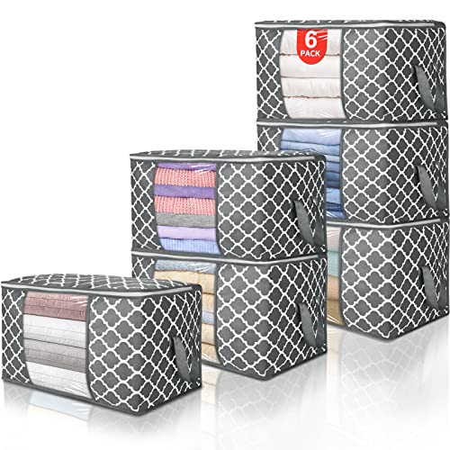 90L Large Storage Bags, 6 Pack Clothes Storage Bins Closet Organizers | Foldable Storage Containers, with Reinforced Handle, for Clothing, Blanket, Comforters, Bed Sheets, Pillows and Toys - color: Pattern, size: 6 Pack
