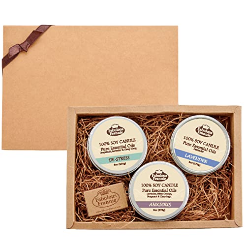 Fabulous Frannie Aromatherapy Soy Candle Holiday Gift Set Includes 6oz De-Stress, 6oz Anxious and 6oz Lavender Made with Pure Essential Oils (De-Stress)