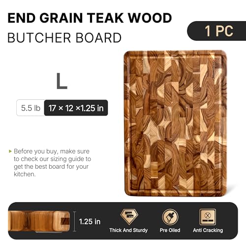 Teak Wood End Grain Cutting Board for Kitchen with Non-slip Feet, Heavy Duty Checkered Cutting Board Upgraded Chopping Board with Juice Groove & Handle Large Wooden Butcher Block with Gift Box - size: 17"L x 12"W