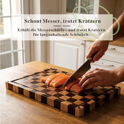 Checkered End Grain Cutting Board with Juice Groove & Handle | 17" x 12" x 1.2" Thick | Acacia & Rubber Wood | Reversible End Grain | Juice Groove | Meat, Bread & Vegetable Prep - color: Checkered Grooved Rectangular