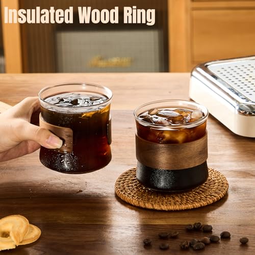 PARACITY Espresso Glasses Set of 2, 11.8 oz Clear Cups with Wooden Rings | Borosilicate bodies handle hot and cold drinks; removable sleeves help shield hands during latte, cappuccino or tea service - size: 11.8 Ounces (2 pack)