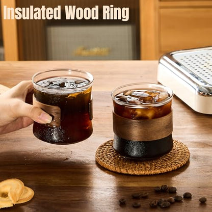 PARACITY Espresso Glasses Set of 2, 11.8 oz Clear Cups with Wooden Rings | Borosilicate bodies handle hot and cold drinks; removable sleeves help shield hands during latte, cappuccino or tea service - size: 11.8 Ounces (2 pack)