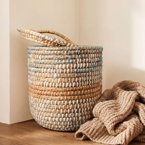 Small Grass Gold Ribbon Basket (14" Tall with Lid) - size: 14" Tall with Lid