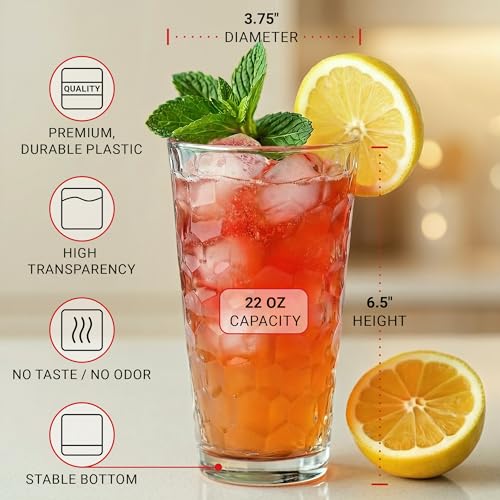 Bravario Hammered Plastic Drinking Glasses Set of 6-22 oz Clear Reusable Cups, Durable Dishwasher Safe Highball Tumblers, Stackable BPA & EA-Free - size: Tall - Set of 6