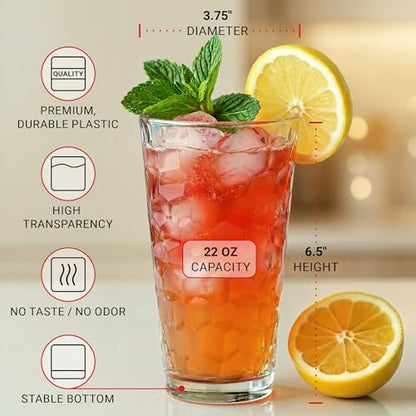 Bravario Hammered Plastic Drinking Glasses Set of 6-22 oz Clear Reusable Cups, Durable Dishwasher Safe Highball Tumblers, Stackable BPA & EA-Free - size: Tall - Set of 6