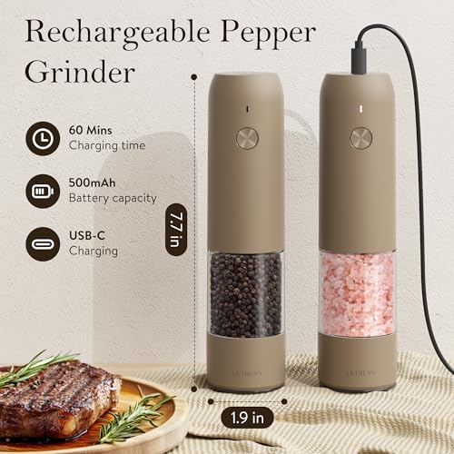 Ultrean Pepper Grinder, Rechargeable Salt and Pepper Grinder Set with 6 Adjustable Coarseness, LED Light, Electric Pepper Mill, Essentials for New Home Housewarming, Brown - color: Brown