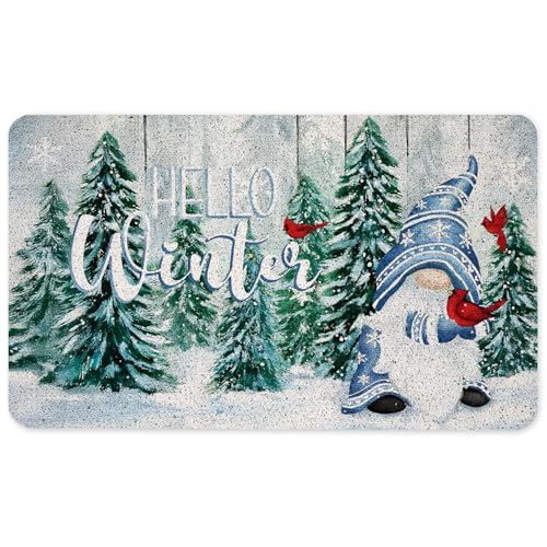 Hello Winter Gnome Door Mat, Christmas Tree Gnome Cardinal Doormat for Front Door Indoor Outdoor Entrance Porch, Winter Welcome Mat Outside, Christmas Holiday Bath Mats, 17x30 Inches - color: Winter Gnome